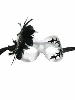 Generic Silver Masquerade Facepiece With Black Feather